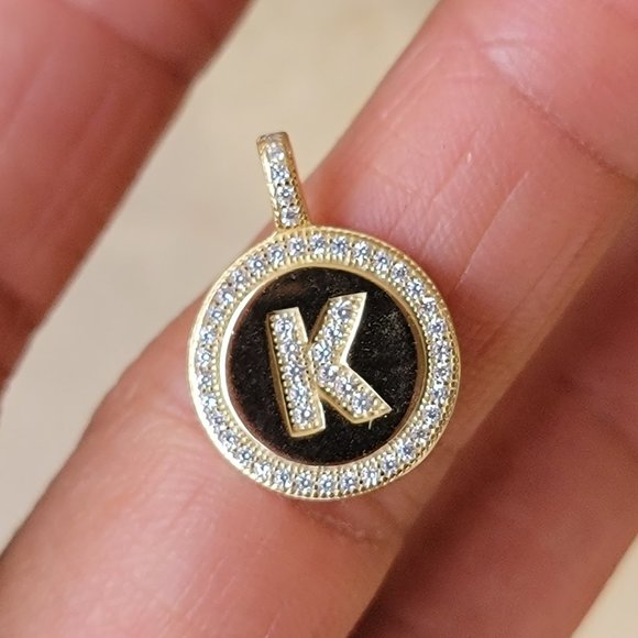 Shiny letter K pave set CZ diamonds 925 sterling silver gold vermeil disc neckla - Picture 6 of 10